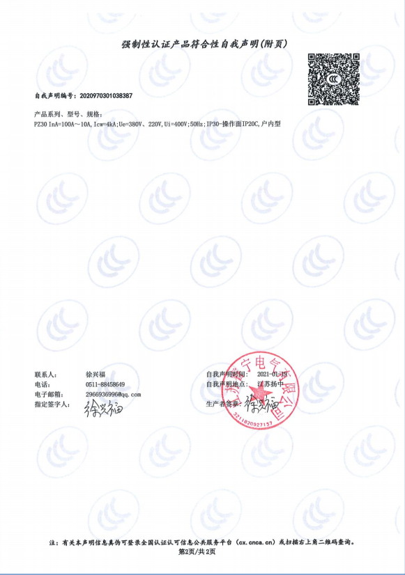 PZ30 100A-10A 强制性认证产品符合性自我声明